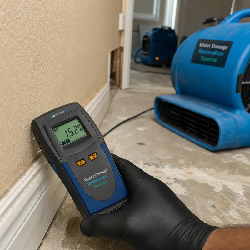 Technician taking moisture readings on drywall and baseboard while air movers operate