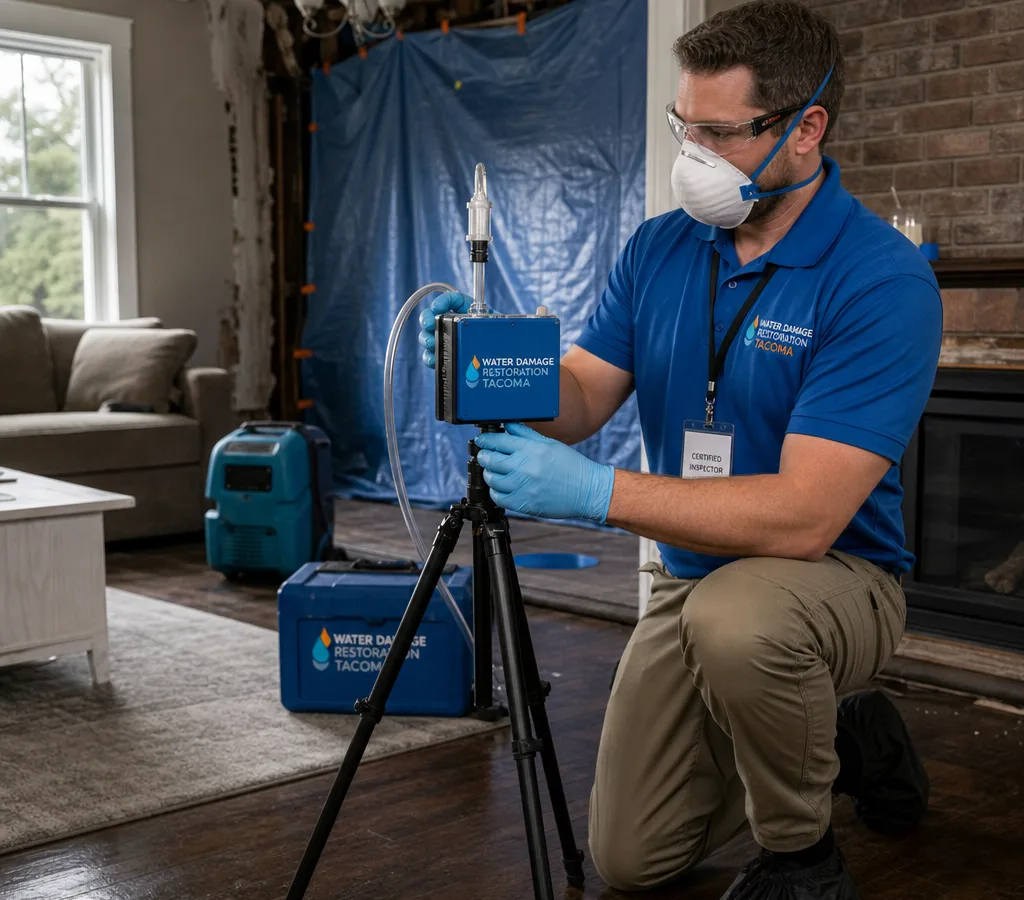 Certified inspector collecting an indoor air sample in a Tacoma home using a calibrated sampling pump and spore trap cassette