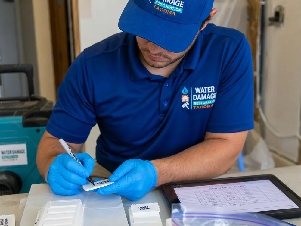 Technician labeling spore trap cassettes and documenting sample locations for laboratory analysis