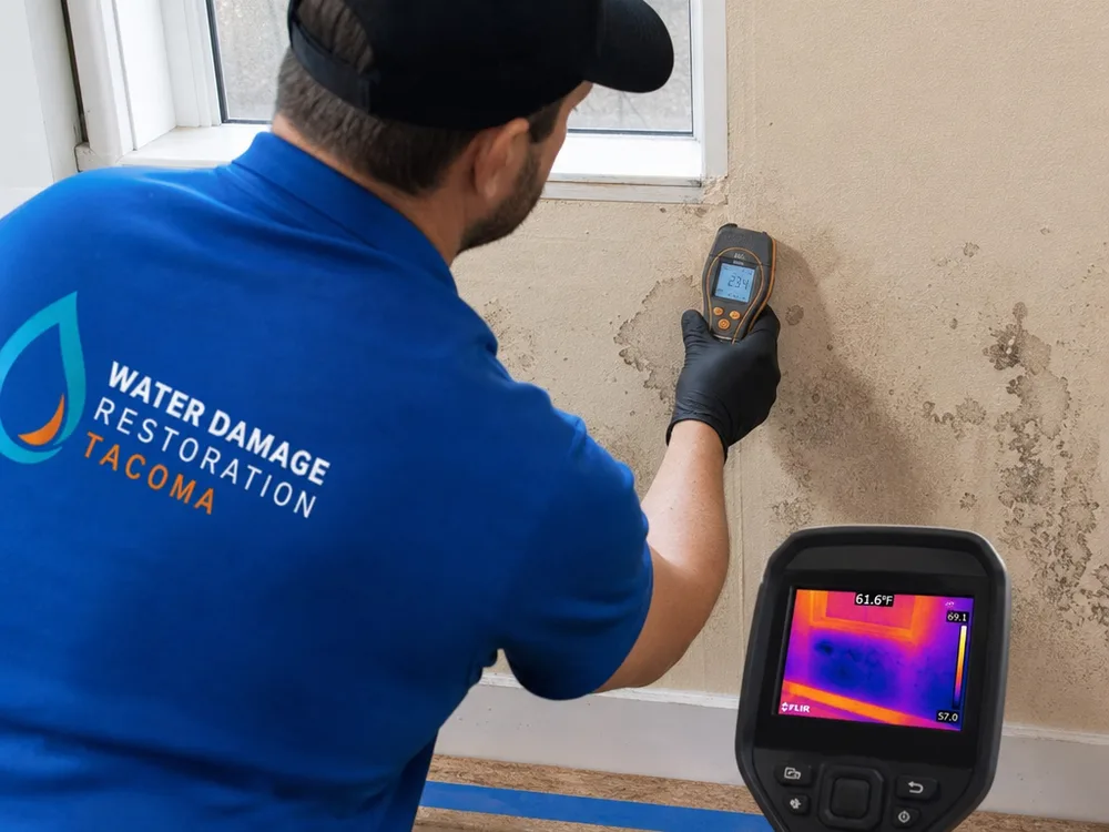 Technician using a moisture meter near a window and thermal imaging identifying a damp wall section