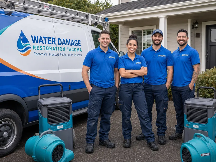 Uniformed water restoration team with service vehicle and drying equipment in a Tacoma driveway